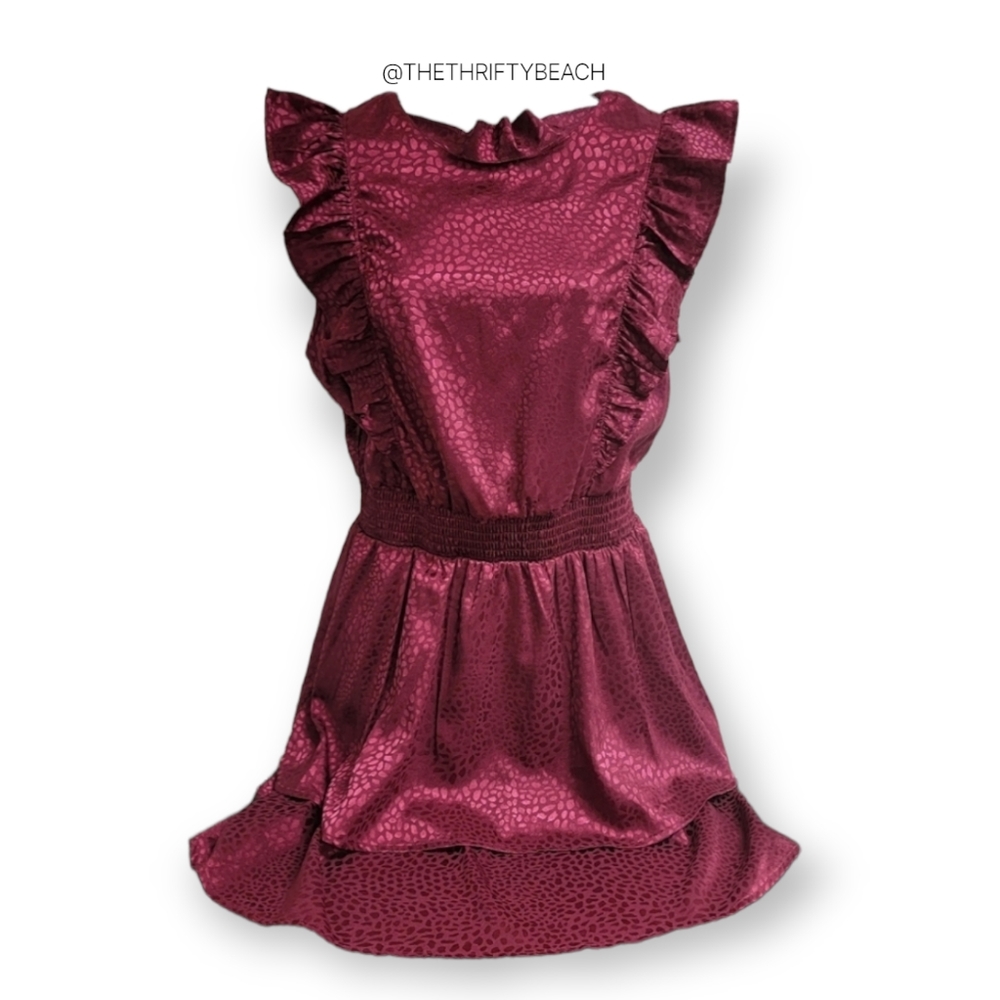 Sadie & Sage NWT Burgundy Smocked Satin Printed Ruffle Mini Dress